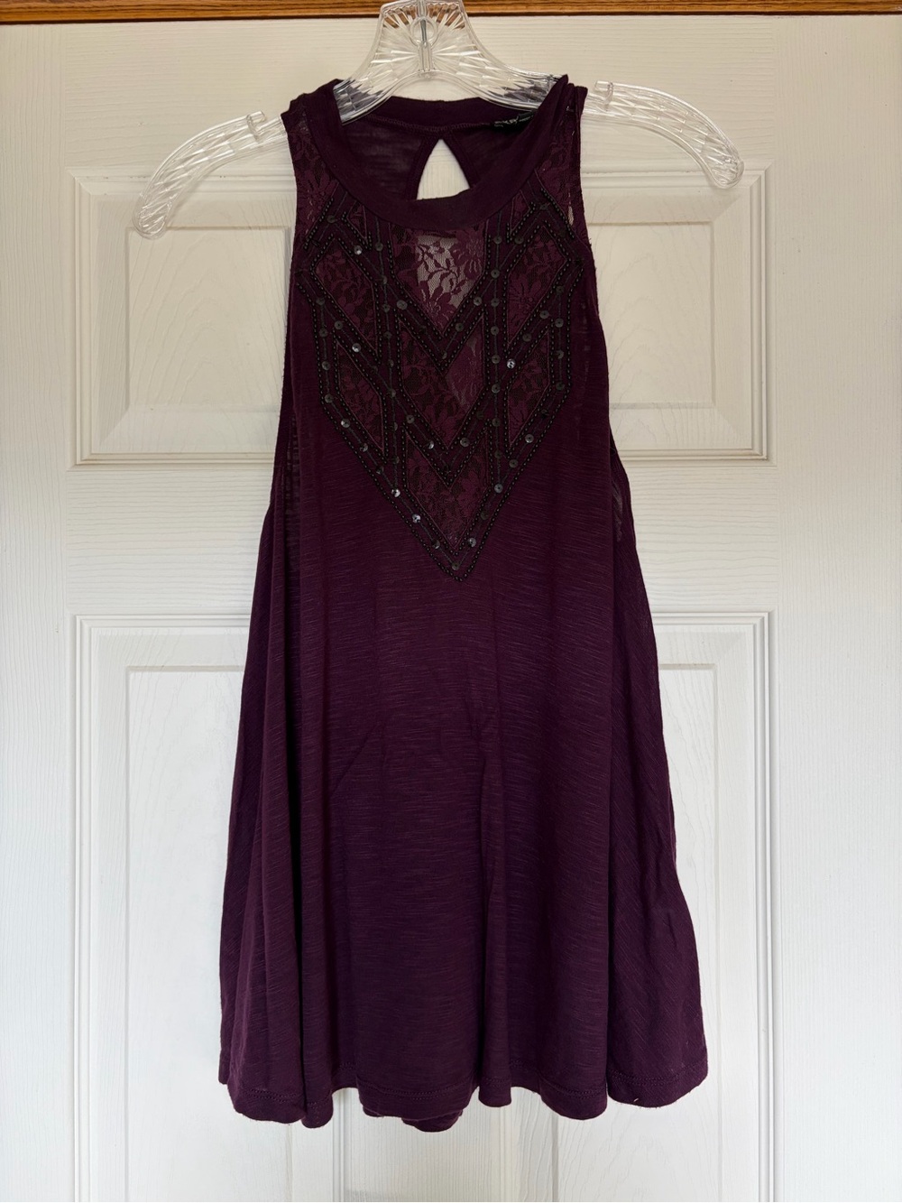 Sleeveless Embellished Lace Yoke Tunic Top - Deep Plum